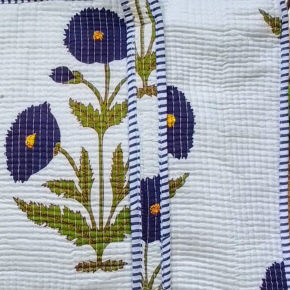 Reusable Quilted Cotton Tote Bag – Hand Screen-Printed Floral Design White - Picture 2 of 2